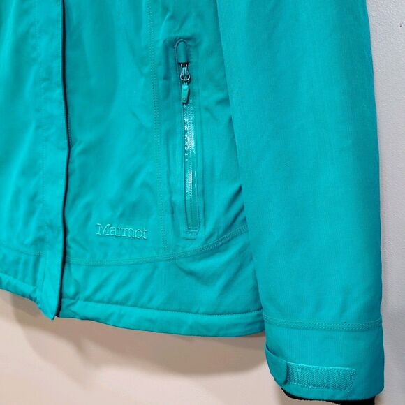 Marmot Portillo Insulated Jacket Blue Green Teal Hooded Snap Coat Women's Small - Picture 2 of 16
